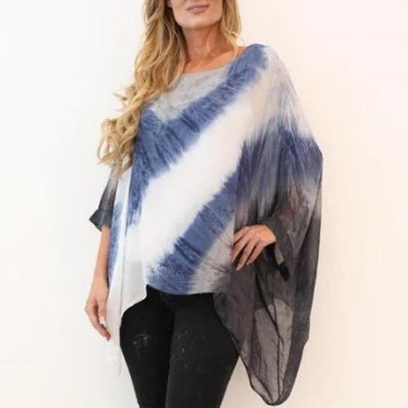 Made in Italy One Size Blue Grey White Italian Silk Tie-Dye Top Butterfly Flowy - Picture 1 of 6
